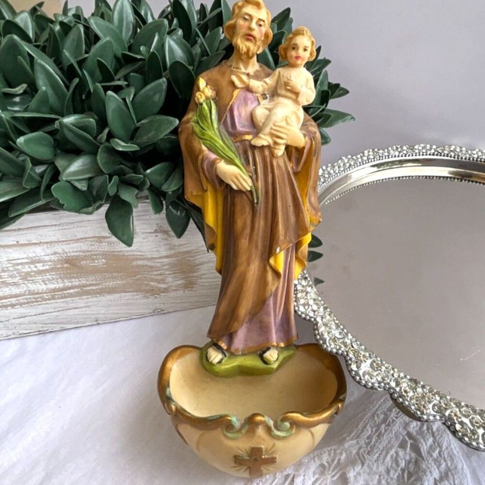 Catholic Holy Water font Saint Joseph and the infant Jesus Made in Italy Vintage